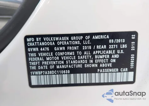 2013 Volkswagen Passat 2.5L Se from USA, damaged, VIN 1VWBP7A38DC110639